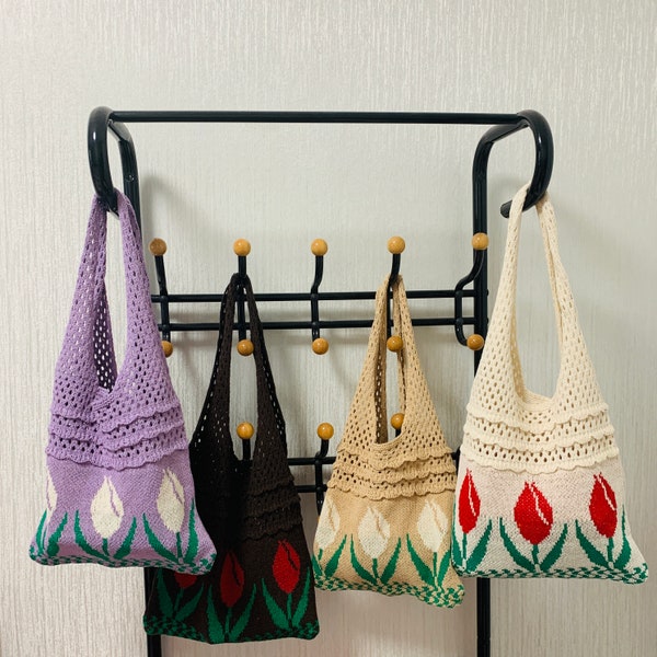 Crochet Bag,Purse Handbag, cute tulip knitting Vintage shoulder bag Hollowed out handbag