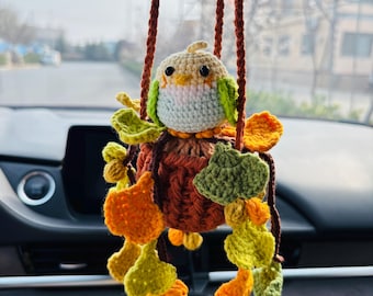 Crochet Parrot Car Hanging Ornament with Ginkgo Leaf, Handmade Rearview Mirror Charm, Plant Hanging Decor Gift