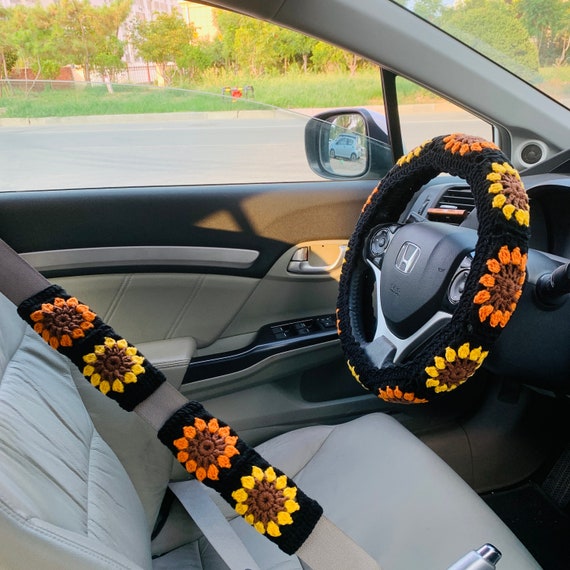 Steering Wheel Cover for Women, Crochet Sunflower Black Seat Belt