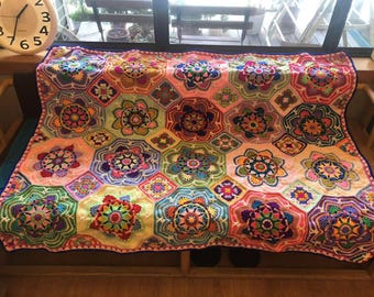 Handmade Persian Tile Crochet Blanket, Colorful Mosaic Crochet Throw, Boho Style Afghan Blanket, Sofa and Bed Decor