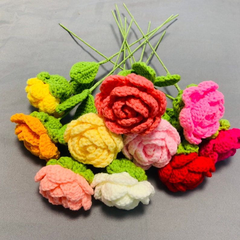 Crochet flowers Rose flower ornaments, Handmade knitted Flower Bouquet A bunch of flower Anniversary Home Decor Valentine's Gift for her image 4