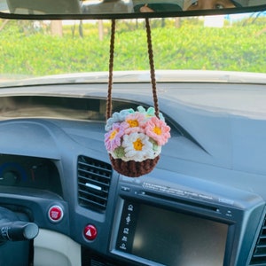 Cute Car Mirror Hanging mini  flower Interior Rear View Mirror Flower Car Accessories Crochet gift for car