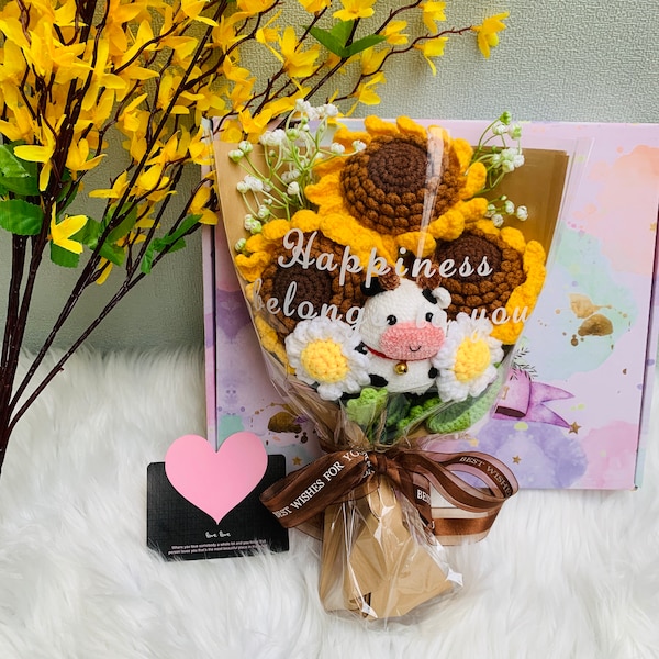 Fleurs au crochet, ornements de vache tournesol, mignons Un bouquet de fleurs Bouquet d’anniversaire Cadeau pour ses ornements floraux