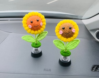 Cute Car sunflower Accessories for Women, Crochet smiley face Car Dashboard Decor, Boho Shaking Head Plant Decoration