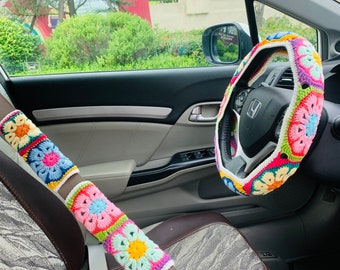 Handmade crochet Steering Wheel Cover for women, cute daisy colorful flower seat belt Cover, Car interior Accessories decorations