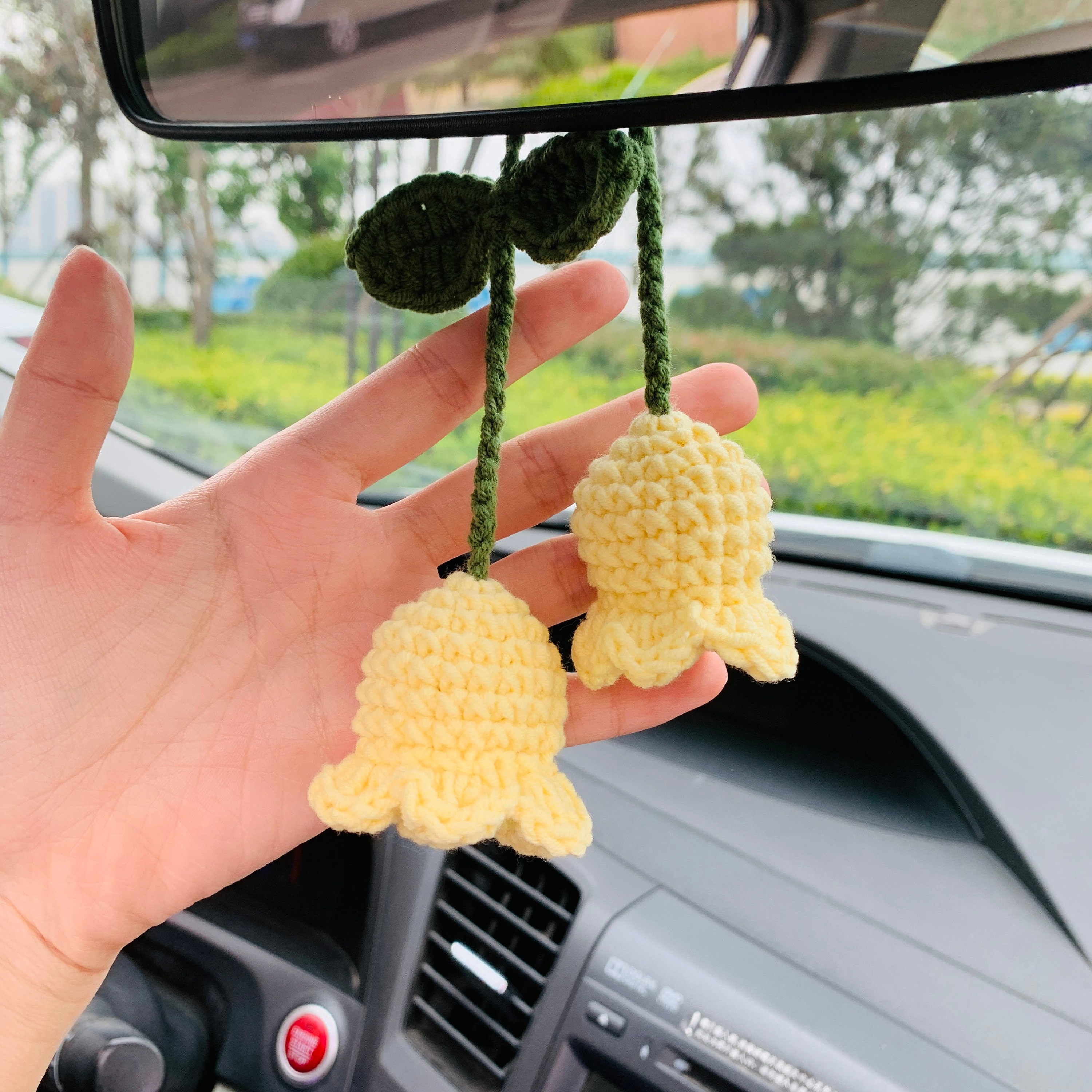 Cute Car Accessories Mirror Hanging Fluffy Sunny Doll Cute Charm Fruit  Decor Flower Car Teens Interior Rear View Mirror for Women 