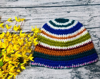 Crochet Hat, colorful stripe flower bucket Hat, Handmade Knitted Hat