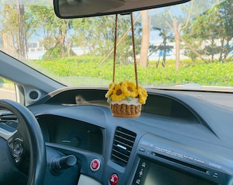 Lindo mini girasol colgante para espejo retrovisor interior del coche, accesorios de ganchillo para coche, regalo para coche