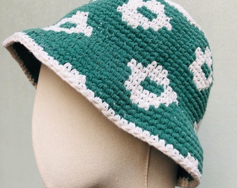 Crochet Hat, Green flower bucket Hat, Handmade Knitted Hat