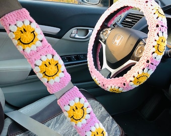 Steering Wheel Cover for women, Crochet cute Smiley face flower seat belt Cover, Car Accessories decorations