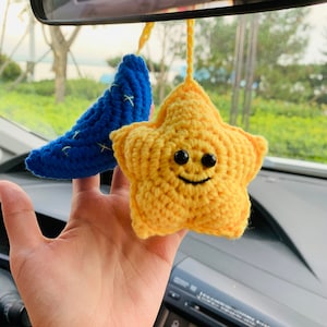 Star with Moon Crochet Car Mirror Hanging Accessories for Women Teens Interior Rear View Mirror animal Charm Decor