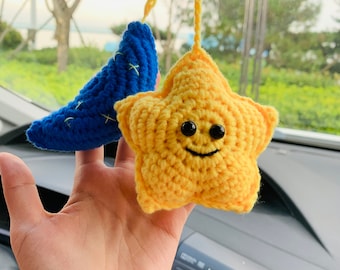 Star with Moon Crochet Car Mirror Hanging Accessories for Women Teens Interior Rear View Mirror animal Charm Decor