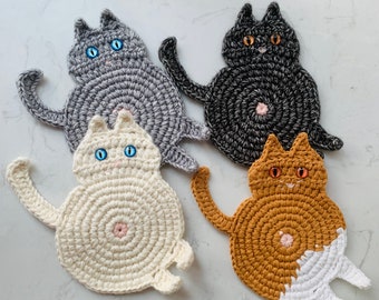 Coaster Fat cat face Coaster, Crochet coaster for gift cat lovers cup mat home decor
