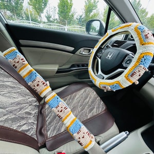 Funda de volante para mujer, funda de cinturón de seguridad con diseño de flor de gato tejida a crochet, accesorios decorativos para el coche
