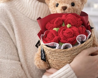 Handmade Crochet rose Bear Hug Bucket Bouquet Cute Knitted Yarn Flowers Handcrafted Gift for Birthday Valentine’s Day Anniversary Home Decor
