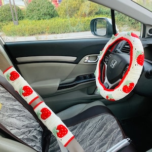 Funda de volante para mujer, hecha a mano, con diseño de flor de fresa, para cinturón de seguridad, accesorios decorativos para coche, decoración interior del coche