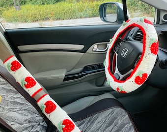 Steering Wheel Cover for women, handmade Crochet cute strawberry flower seat belt Cover, Car Accessories decorations car Interior decor
