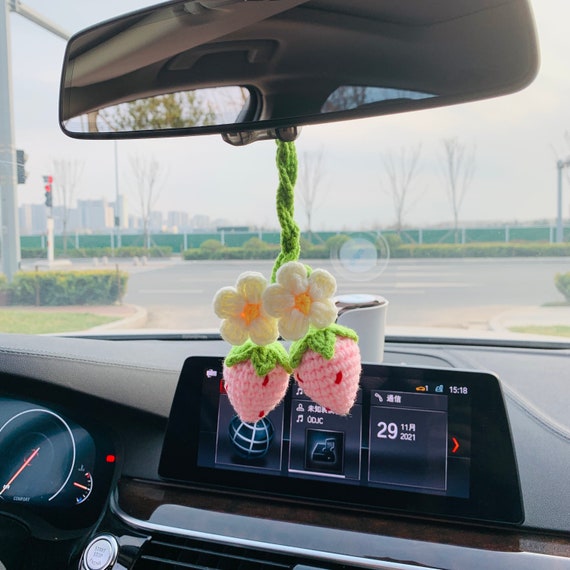 2 Pcs Strawberry Cute Flower Car Accessories Decor Teens Interior Rear View  Mirror Hanging Charm Fruit Decoration for Women Gift for Her 