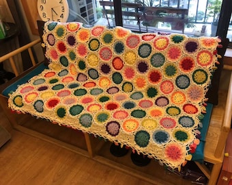 Handmade Hexagon Crochet Blanket, Colorful Granny Flower Afghan, Boho Patchwork Throw, Unique Sofa and Bed Decor