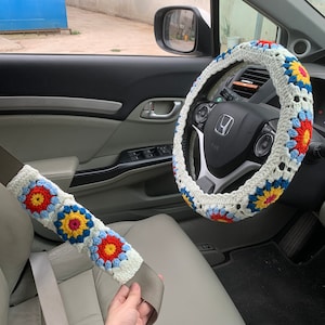 Crochet flower Steering Wheel Cover for women, Crochet seat belt Cover, Car Accessories decorations