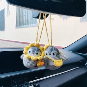 Cute Penguin Car Mirror Hanging Interior Rear View Mirror Flower Car Accessories Crochet animal Toy for Women