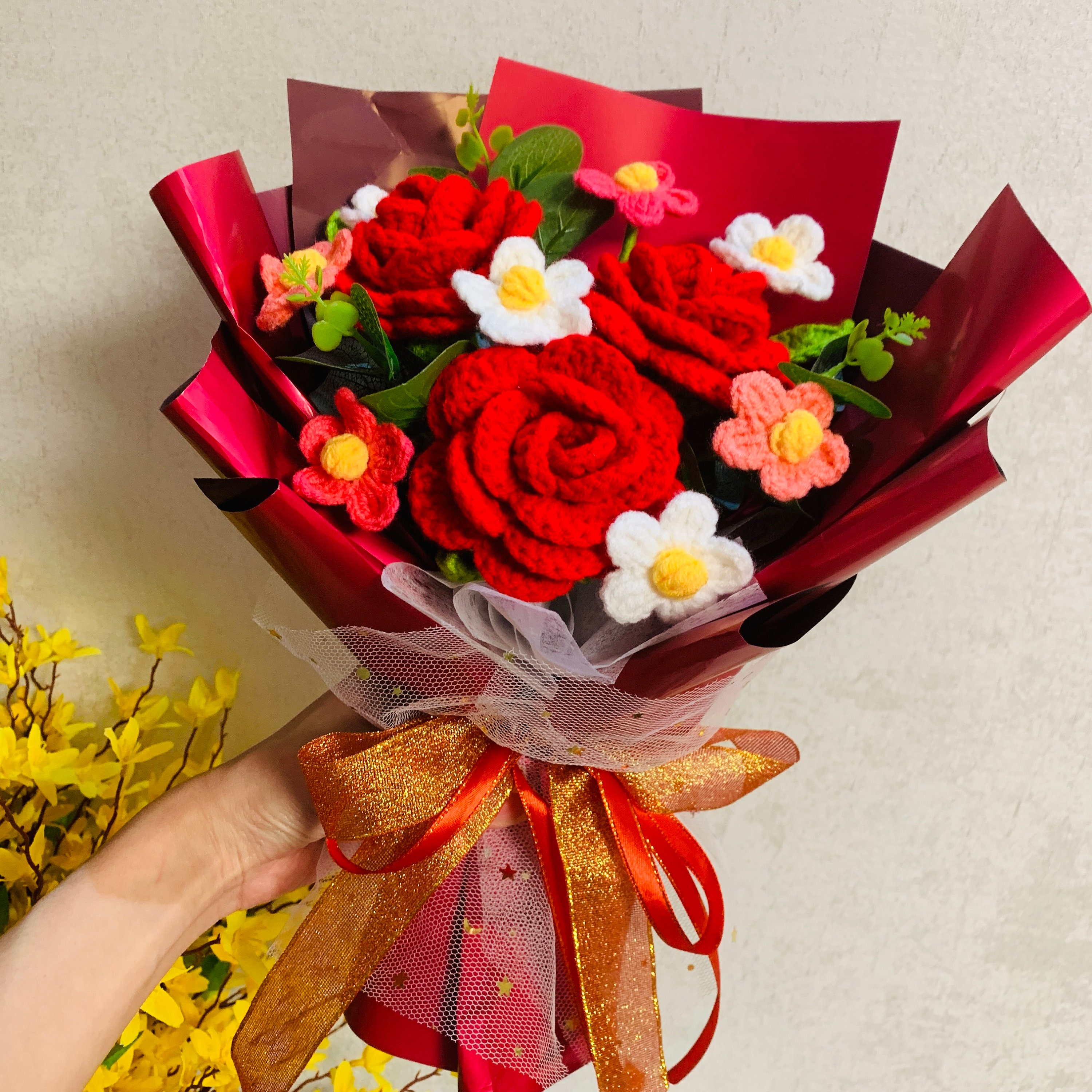 Crochet Flowers, Red Rose Flower Ornaments, Cute A Bunch of Flower
