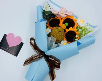 Crochet Flowers, Capybara Sunflower Daisy Ornaments, Cute A bunch of flower Anniversary bouquet Gift for her Graduation Birthday Friend