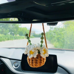 Handmade crochet Cute daisy basket kawaii Car Mirror Hanging Charm Decor Teens Interior Rear View Mirror car Accessories for Women