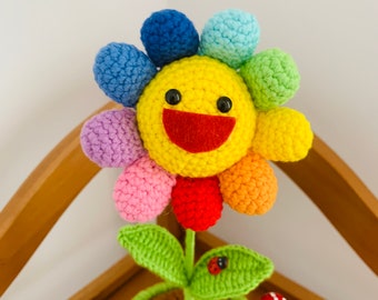 Hand crochet rainbow smiley sunflower potted ornaments artifact handicraft home decor Valentines's day Gift for her