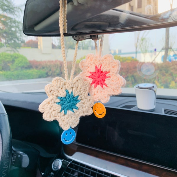 Cute Car Mirror Hanging sakura smiling face cherry blossoms flower Interior Rear View Mirror Flower Car Accessories Crochet Toy for Women
