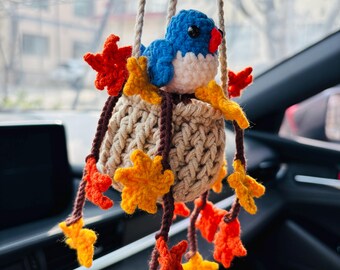 Crochet Car Hanging Ornament Bird Maple Leaf Flower, Handmade Rearview Mirror Charm, Fall Car Decor Gift