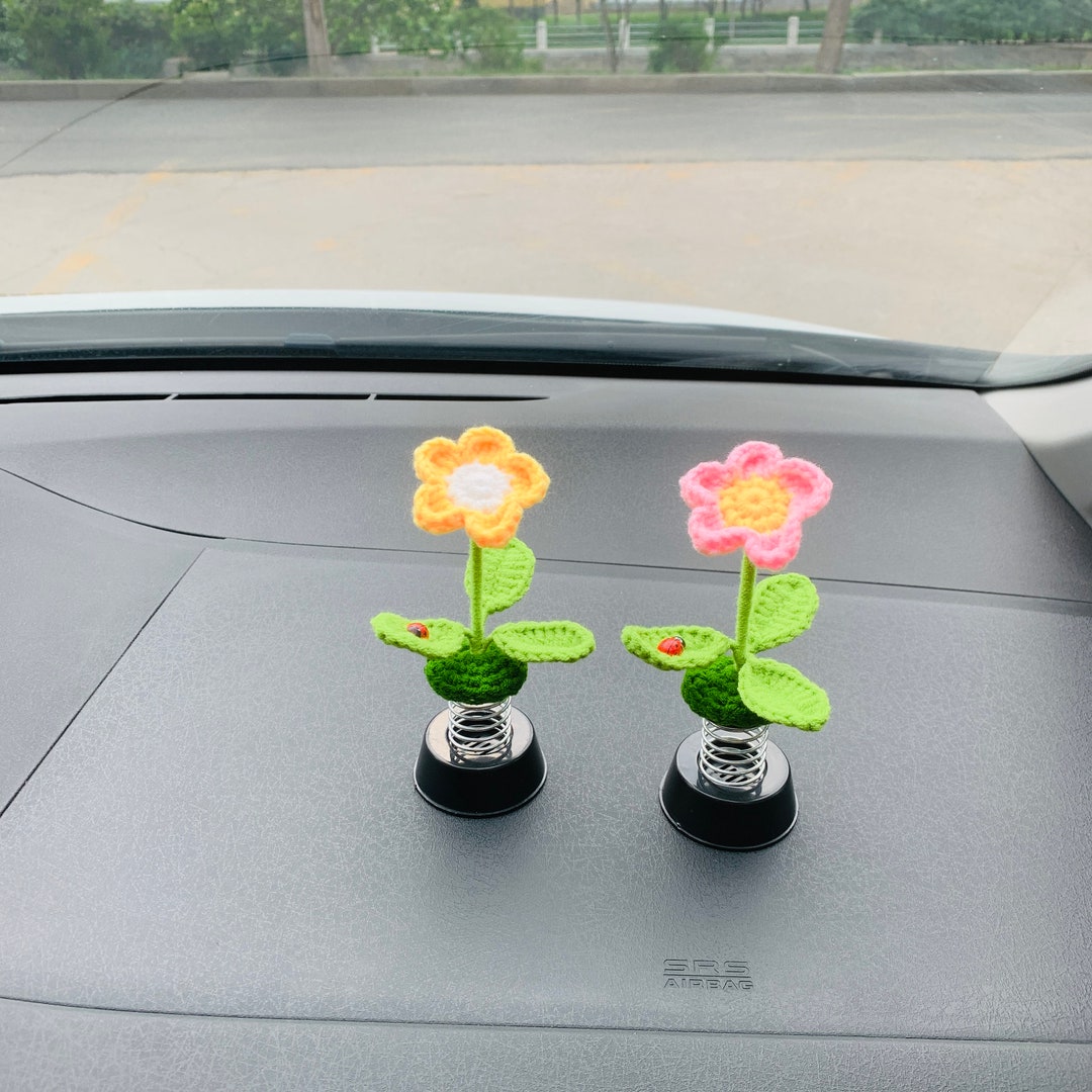 Cute Flower Car Accessories, Crochet Pink Yellow Flower Car Dashboard
