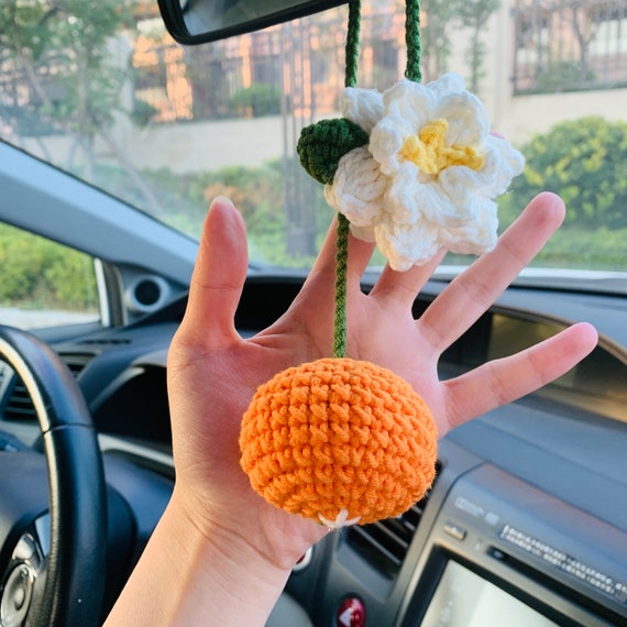 Cute Gardenia Flower Orange Car Accessories Mirror Hanging Charm Fruit  Decor Teens Interior Rear View Mirror for Women 