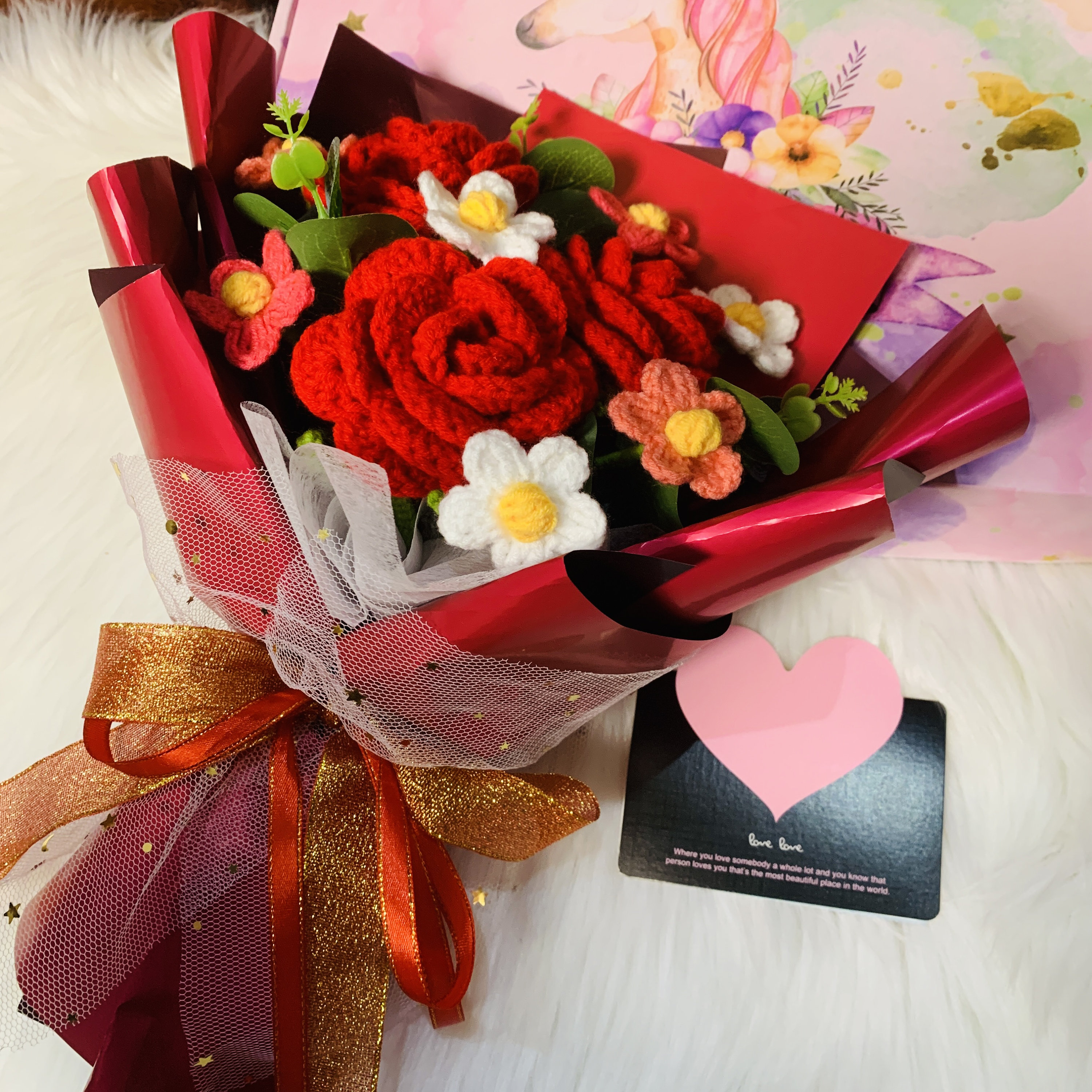 Crochet Flowers, Red Rose Flower Ornaments, Cute A Bunch of Flower