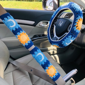 Steering Wheel Cover for women, Crochet cute star moon seat belt Cover, Car Accessories decorations