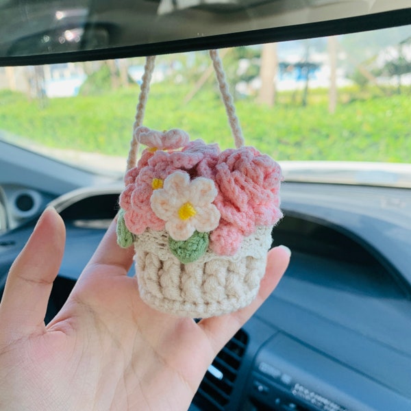Mignon rétroviseur de voiture suspendu mini rose fleur rétroviseur intérieur fleur accessoires de voiture au crochet cadeau pour voiture