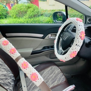 Handmade crochet Steering Wheel Cover for women, cute daisy flower seat belt Cover, Car interior Accessories decorations gift