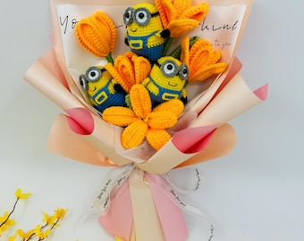 Minions all'uncinetto, tulipani per banchetto, fiori fatti a mano per la mamma, amica, fiori per matrimonio, fiori per la sposa, regalo di laurea lavorato a maglia