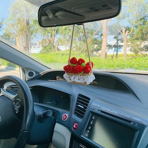 Cute Car Mirror Hanging mini strawberry flower Interior Rear View Mirror Flower Car Accessories Crochet gift for car