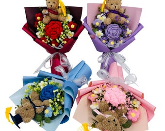 Crochet Graduation Bouquet Bear Doctor, Rose Puff Flower Bouquet, Handmade Gift for Graduation, Cute Keepsake Gift