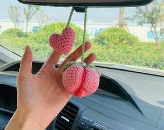 Cute Car Mirror Hanging Peach love  flower Interior Rear View Mirror Flower Car Accessories Crochet car gift