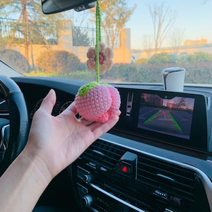 Cute Peach Flower Car Mirror Hanging Decor Teens Interior Rear View Mirror Accessories for Women Charm Fruit
