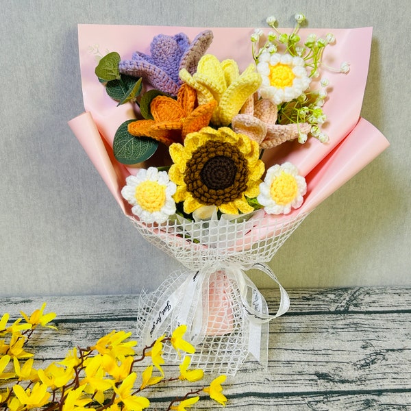 Crochet Flower Bouquet Artificial Sunflower Tulip Faux Flower Decoration ornaments, Anniversary Handmade knitted Gift for her