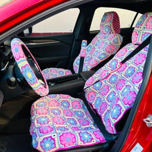Fundas de reposacabezas de ganchillo de colores, funda de asiento, funda de volante, fundas de asiento de coche hechas a mano, funda de cinturón de seguridad para mujer