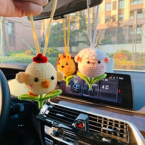 Cute animal Car Mirror Hanging Interior Rear View Mirror Flower Lion, sheep, chicken Car Accessories Crochet Toy for Women