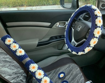 Steering Wheel Cover for women, handmade Crochet cute daisy flower seat belt Cover, Car Accessories decorations