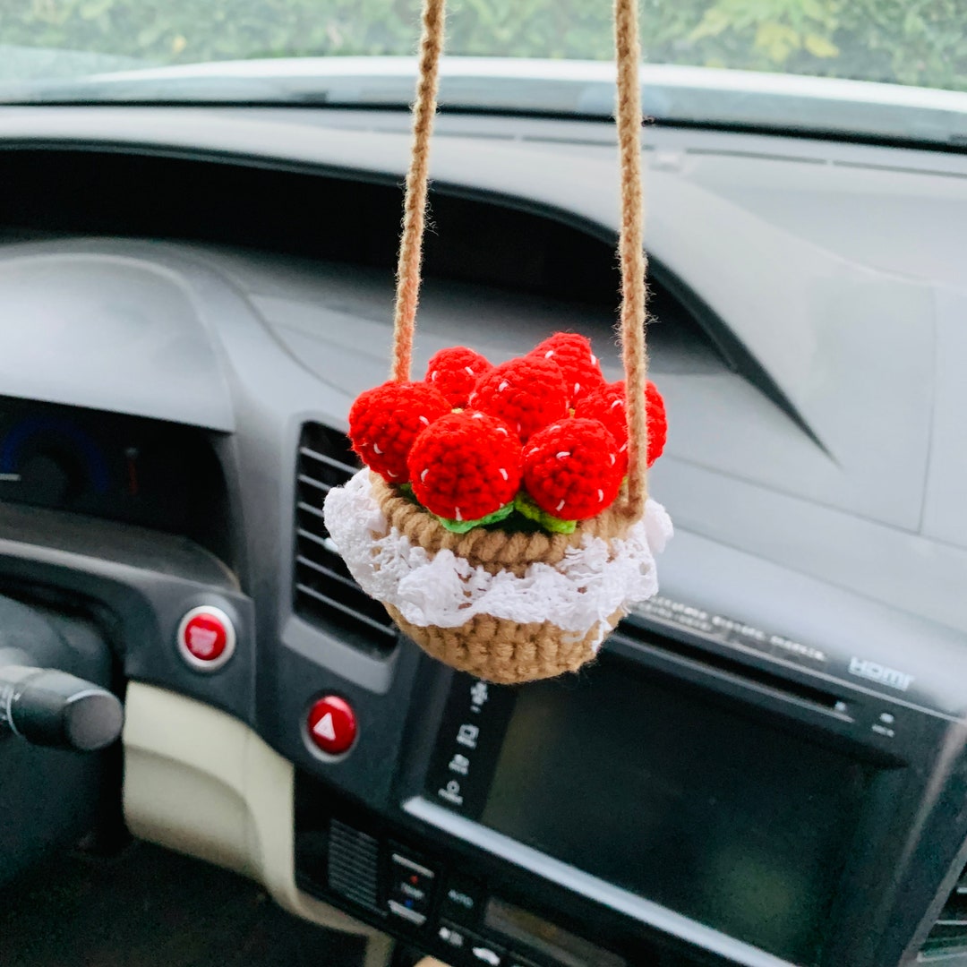 Cute Car Accessories Mirror Hanging Fluffy Sunny Doll Cute Charm Fruit  Decor Flower Car Teens Interior Rear View Mirror for Women 