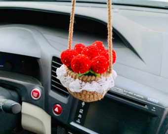 Cute kawaii Flower strawberry Car Mirror Hanging Charm Fruit Decor Teens Interior Rear View Mirror car Accessories for Womenflower basket