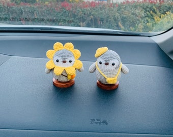 Handmade crochet Cute Penguin Car Accessories, sunflower car Dashboard Decor for women