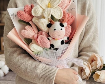 Handmade Crochet Pink White Tulip Cow Bouquet, Cute Amigurumi Cow Flower Gift, Knitted Floral Arrangement, Unique Gift for Her